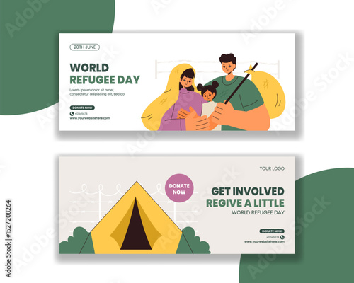 World Refugee Day Horizontal Banner Template with Flat Cartoon Style Illustration