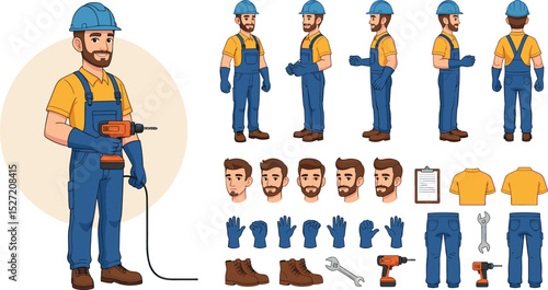 Industrial maintenance worker wearing helmet, overall uniform holding drill tool. Character for animation. Front, side and back view set. Body parts, postures, poses collection.