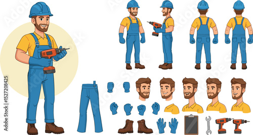 Industrial maintenance worker wearing helmet, overall uniform holding drill tool. Character for animation. Front, side and back view set. Body parts, postures, poses collection.