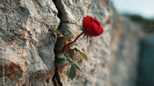 A single red rose growing from a crack on a mountain