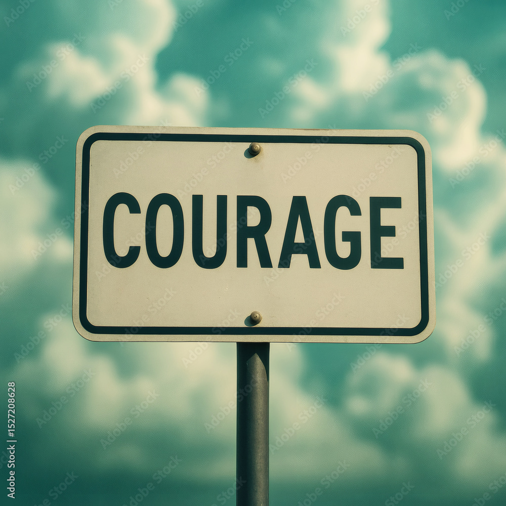 Obraz premium Courage Road Sign Under Seafoam Sky, Inspirational Motivation, Bold Adventure, Scenic Horizon, High Detail, Dramatic Cloudscape, Life Journey Concept