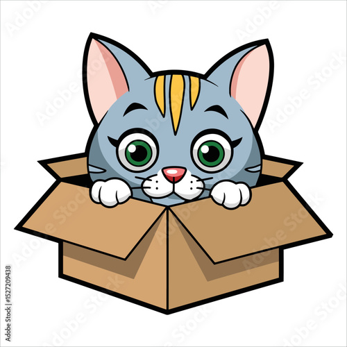 Cat in box cartoon vector illustration. Playful feline concept perfect for pets and packaging themes.