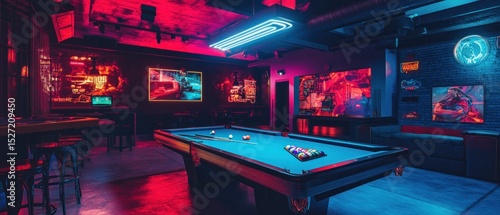 Vibrant pool hall illuminated by neon lights with modern decor