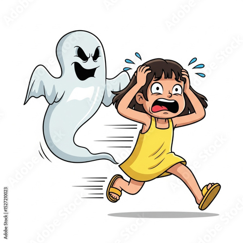 Scared girl running from ghost. vector