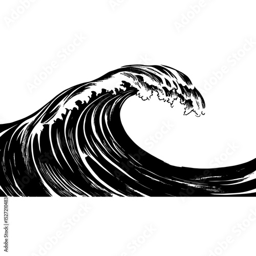 Ocean wave wood block print white art illustration vector