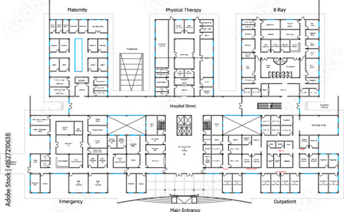 vector illustration of architectural design of modern hospital floor plan for public service