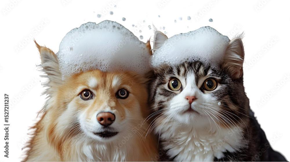 Obraz premium Furry Friends cat and dog Grooming Day – Clean Pet Scene with White Backdrop