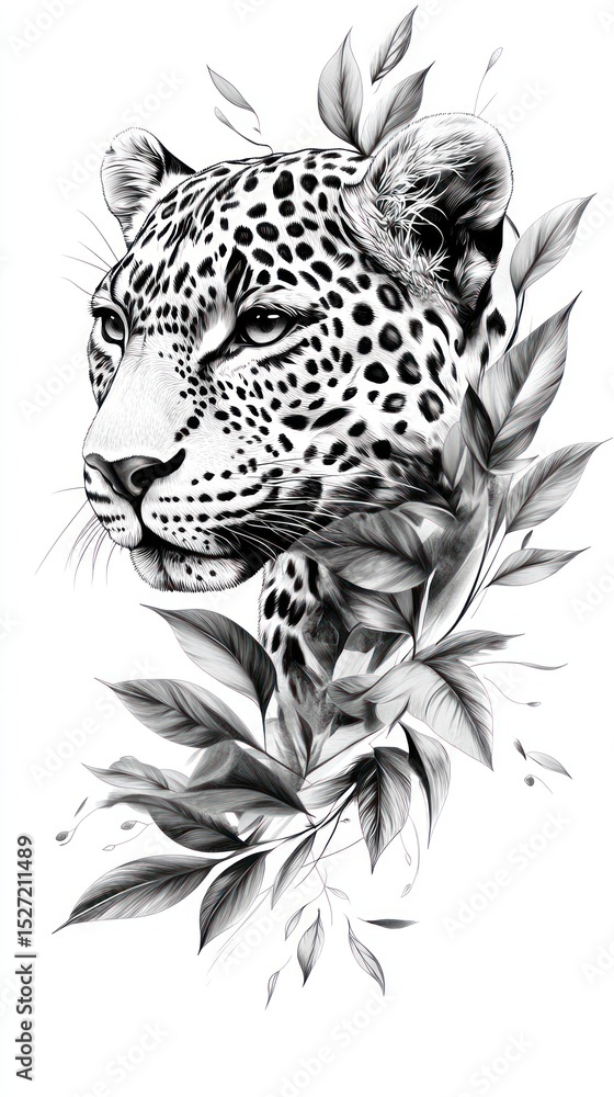 Obraz premium Monochrome jaguar portrait with leaves