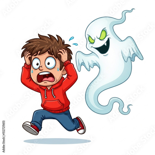  Scared boy running from ghost. vector