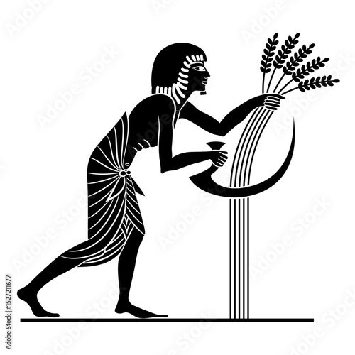 Ancient Egyptian man reaping cereal grass with a sickle. Ethnic agricultural design. Black and white silhouette.