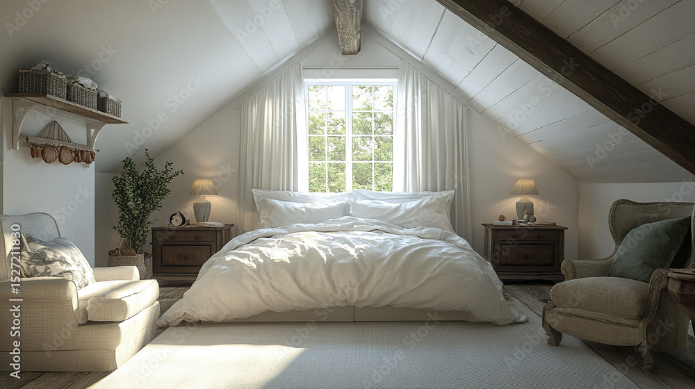 Fototapeta premium cozy attic bedroom with large window, soft bedding, and warm lighting creates serene atmosphere