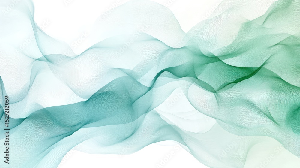 Fototapeta premium Abstract flowing, soft, translucent, teal, and green fabric or smoke-like shapes on white background.