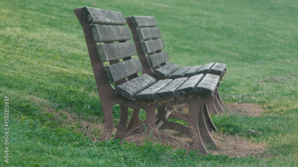 日差しが斜めから入る初夏の公園にある木製ベンチ 日差しが斜めから入る初夏の公園にある木製ベンチ