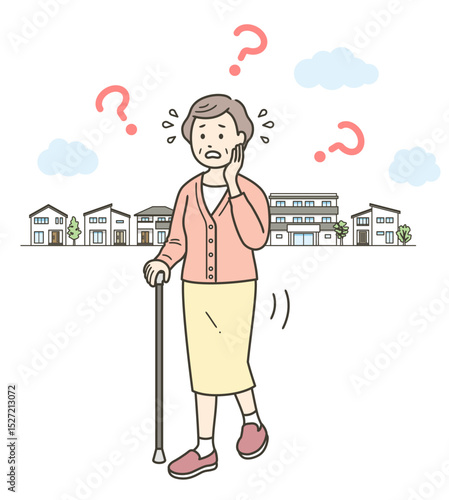 徘徊し迷子になって焦っている認知症高齢女性の全身イラスト