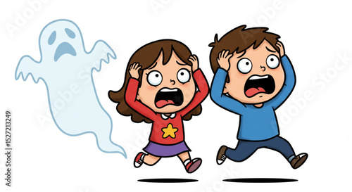 Frightened Boy and Girl Running from Ghost – Vector Illustration