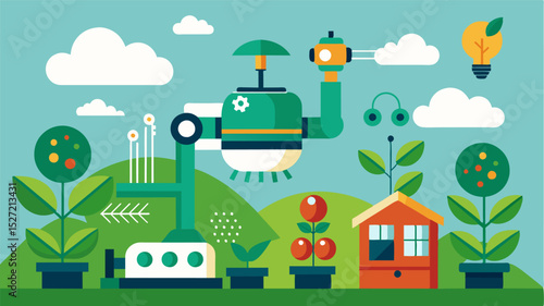 An illustration of the potential benefits of automated greenhouse fertilization on a global scale with increased crop yields and more efficient use of resources leading to a more. Vector illustration
