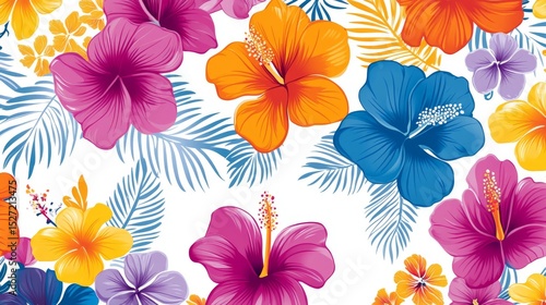 112.A sharp all-over print featuring tropical florals with hibiscus and orchids, combined with intricate vines and leaves, designed with vivid colors for a modern aesthetic.