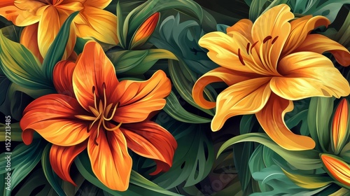 Fototapeta Naklejka Na Ścianę i Meble -  111.A repeating design of stylized flowers, including peonies and lilies, layered with lush green leaves, creating a harmonious blend of colors in a seamless digital print.