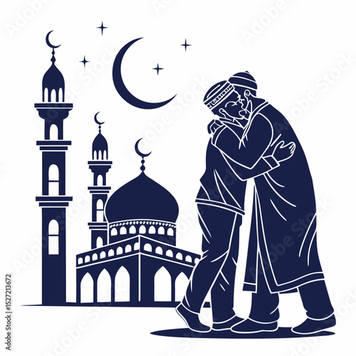 muslim men hugging eid greeting mosque crescent moon