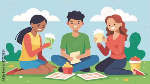 A group of friends at a picnic carefully counting out their ration coupons to make sure they dont go over their allotted amount of food.. Vector illustration