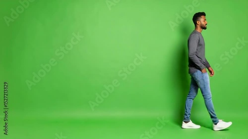 Man standing and walking in front of a green screen for creative backgrounds and effects