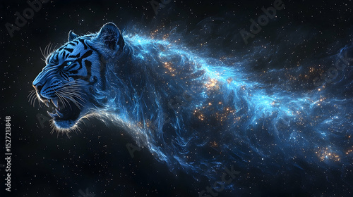 A blue tiger in a cosmic nebula.