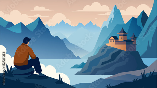 Deep in thought the digital nomad gazes out at the misty mountains surrounding the remote monastery finding solace in this peaceful retreat from the chaotic digital world.. Vector illustration