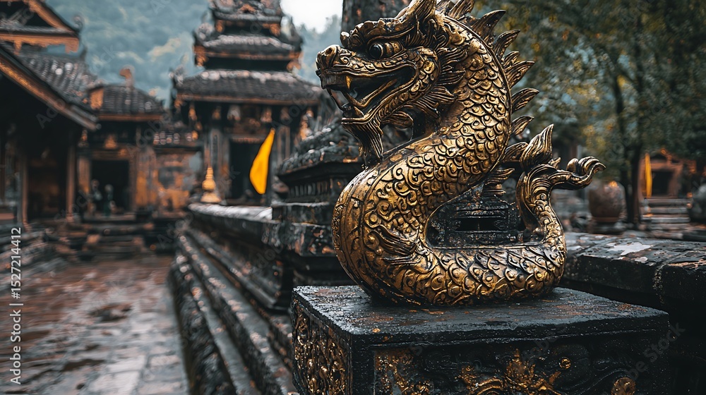 Obraz premium Golden dragon statue in ancient temple