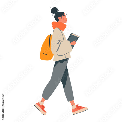 Person holding a book is walking illustration character orange vector
