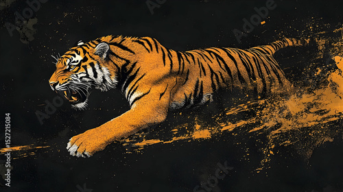 A powerful tiger in motion against a dark background.