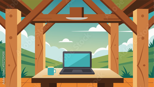 The porchs rustic wooden beams provided a charming backdrop for the sleek and modern laptop.. Vector illustration