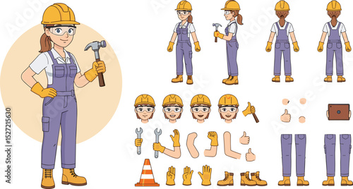 Technician worker wearing overall uniform, protective goggle holding hammer tool. Character for animation. Front, side and back view set