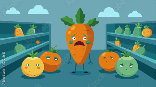 A few withered carrots and moldy oranges left behind a sad reminder of the variety and abundance that once filled this aisle.. Vector illustration