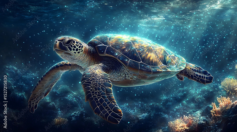 Obraz premium Sea turtle swimming in an ethereal underwater landscape.