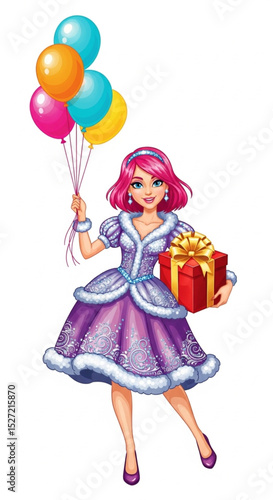 Young Woman in Festive Dress Carrying Balloons and Gift – Vector Illustration