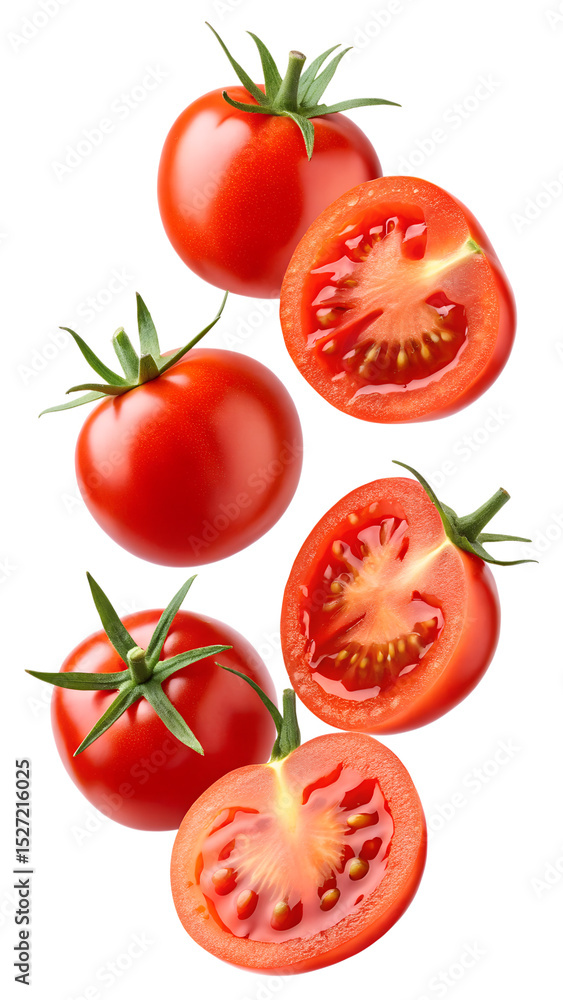 Falling red tomatoes isolated on transparent background Falling red tomatoes isolated on transparent background