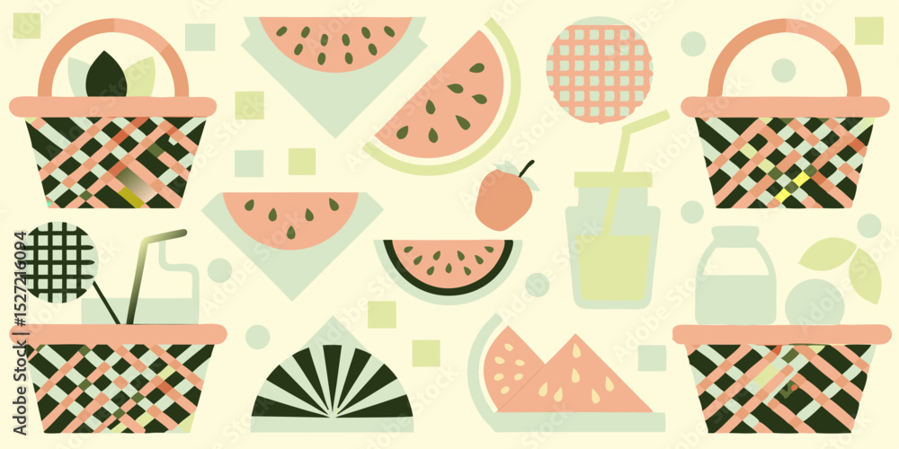 Fototapeta premium Summer Picnic Basket Watermelon, Juice, and More