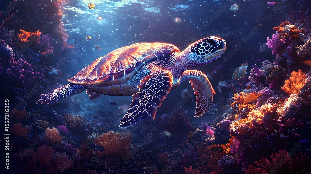 Fototapeta premium Sea turtle swimming in a vibrant coral reef.