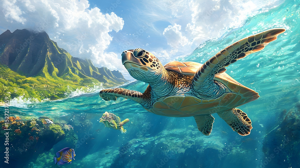 Obraz premium Sea turtle glides through turquoise water amidst lush island scenery.