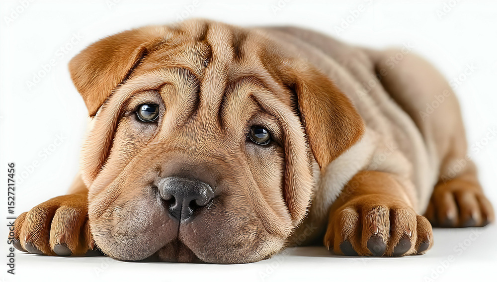 Fototapeta premium A close-up of a playful Shar Pei puppy, showcasing its unique wrinkles and expressive eyes.