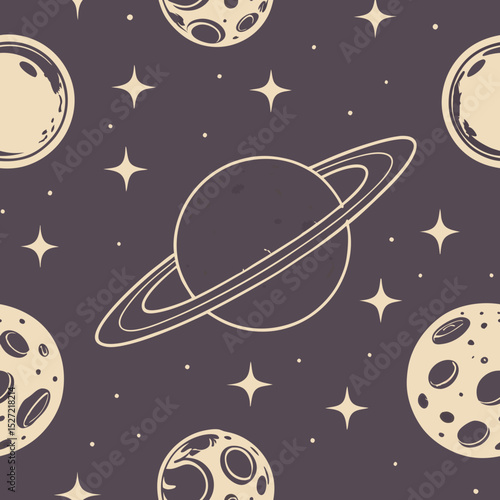 Elegant pattern featuring the phases of the moon rendered in varying shades of gray and gold.  Planet rings and comets add depth and intrigue against the dark purple backdrop.