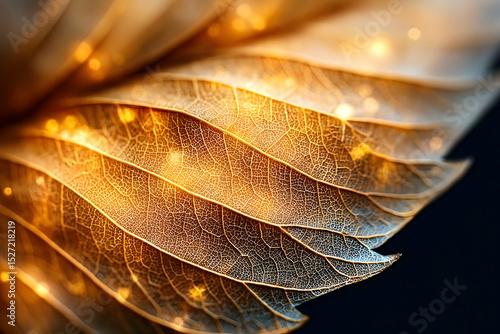 Intricate close-up of luminous leaves displaying delicate textures and warm hues, creating a captivating natural artwork.