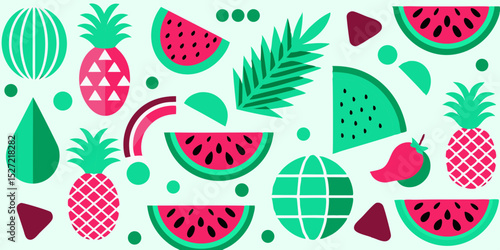 Vibrant Summer Fruit Pattern Watermelon, Pineapple, and Tropical Leaves