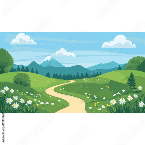 An outdoor trail in the mountains outdoors green illustration vector