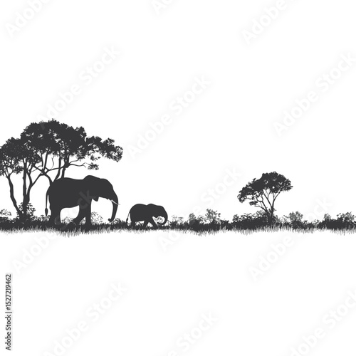 Elephant family and forest illustration silhouette landscape vector