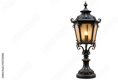 Antique street lamp isolated on transparent background.Victorian Garden Lantern. Classic Iron Street lamp. Vintage Glow Post. Ornate Outdoor Light.for use in garden design, architectural visualization