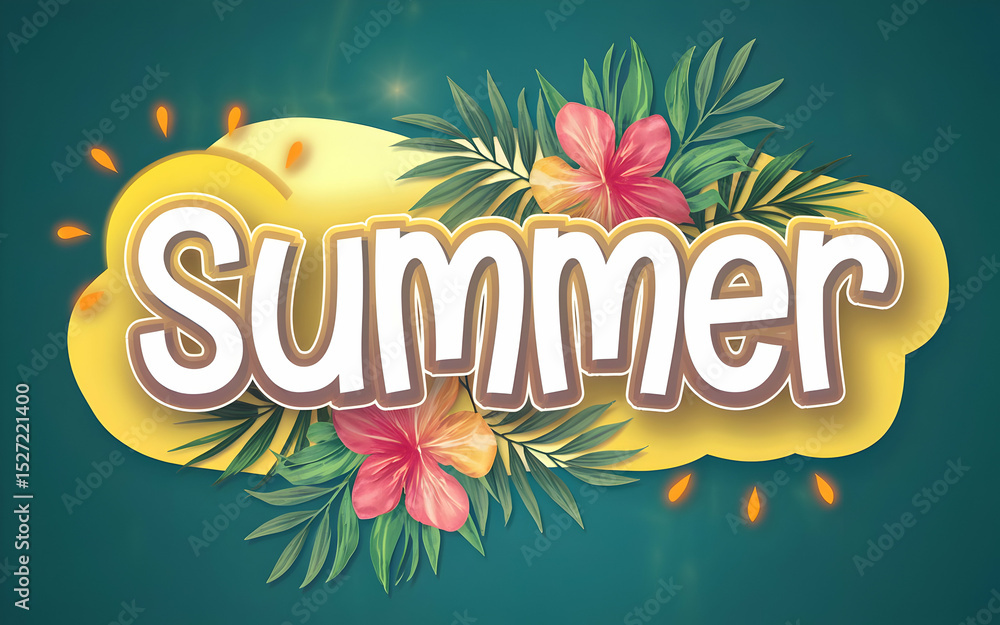 Obraz premium Summer Text with Tropical Floral Pattern and Palm Leaves on Teal Background