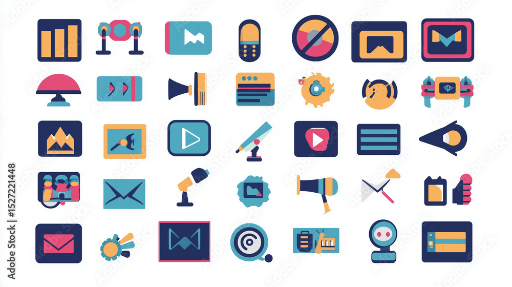 Solid vector icon collection for traditional and modern advertising methods, featuring symbols like posters, megaphone, digital screens, branding elements, banners, and promotion tools Solid vector icon collection for traditional and modern advertising methods, featuring symbols like posters, megaphone, digital screens, branding elements, banners, and promotion tools