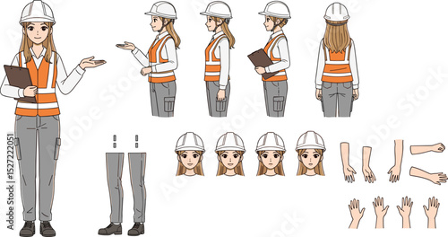 Woman construction engineer in helmet, vest, uniform. Character constructor for animation. Front, side and back view set. Body parts, postures, poses collection
