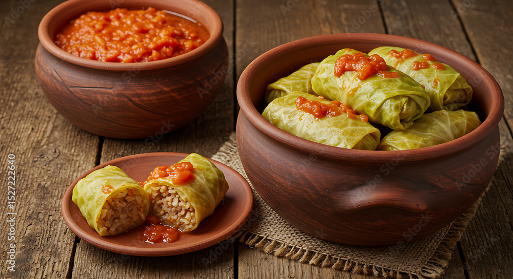 Rustic Clay Pots of Cabbage Rolls with Tomato Sauce Rustic Clay Pots of Cabbage Rolls with Tomato Sauce